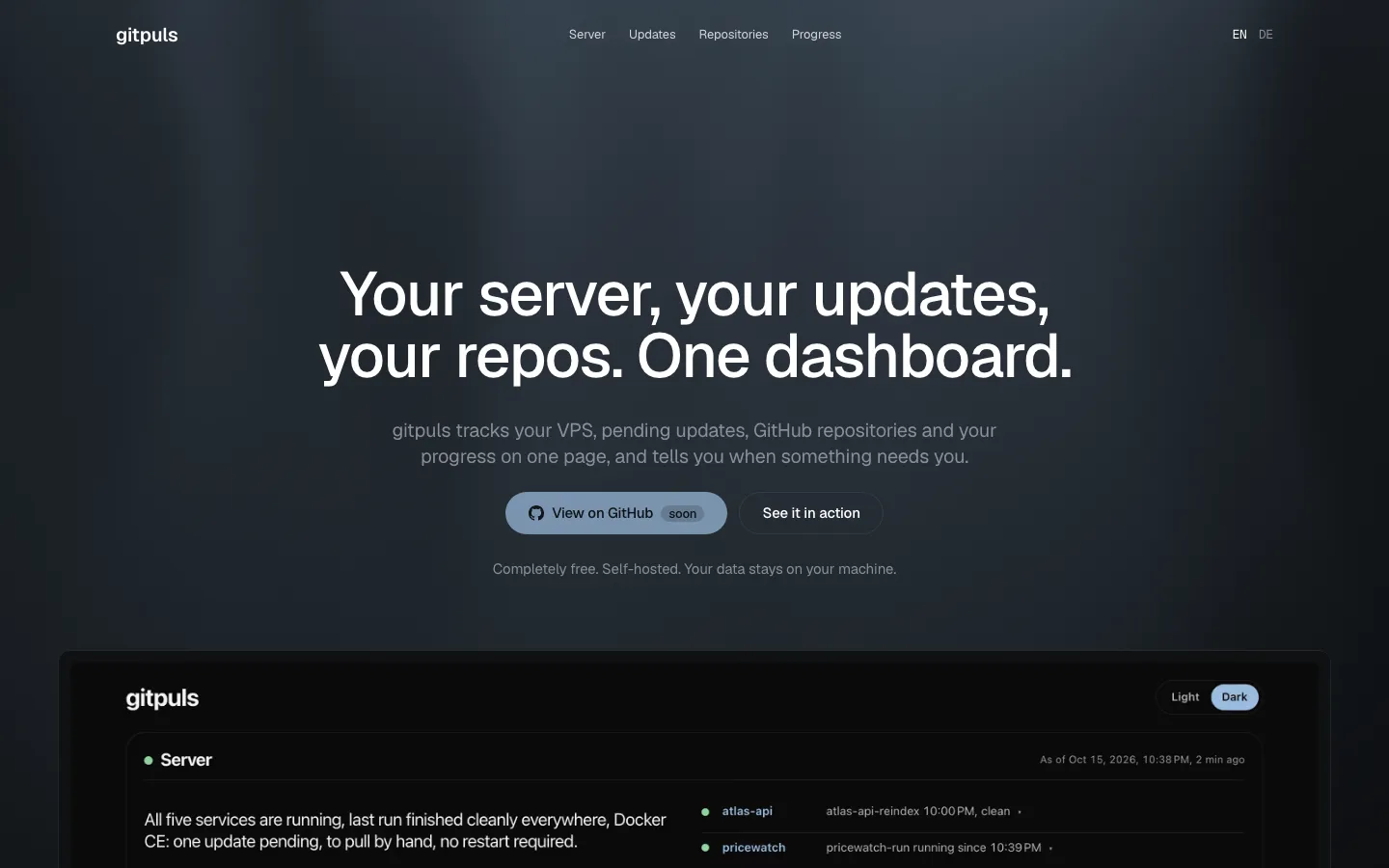 gitpuls, Startbereich der Website